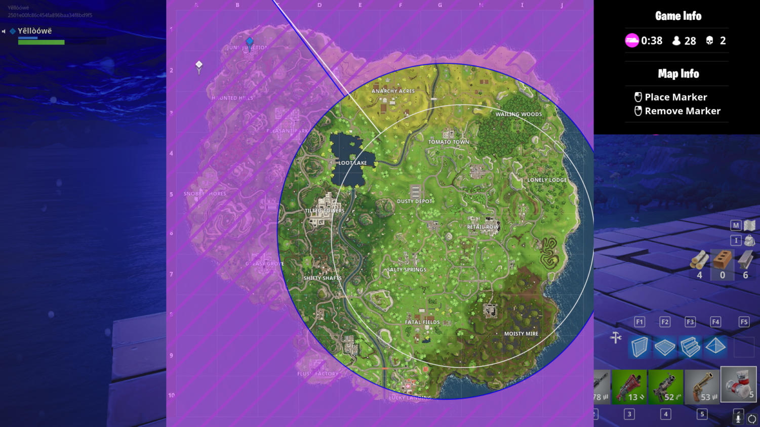 google images the blue circle represents the boundary of the storm the purple shaded area is the storm and the white circle is where the storm will be - fortnite basketball court background