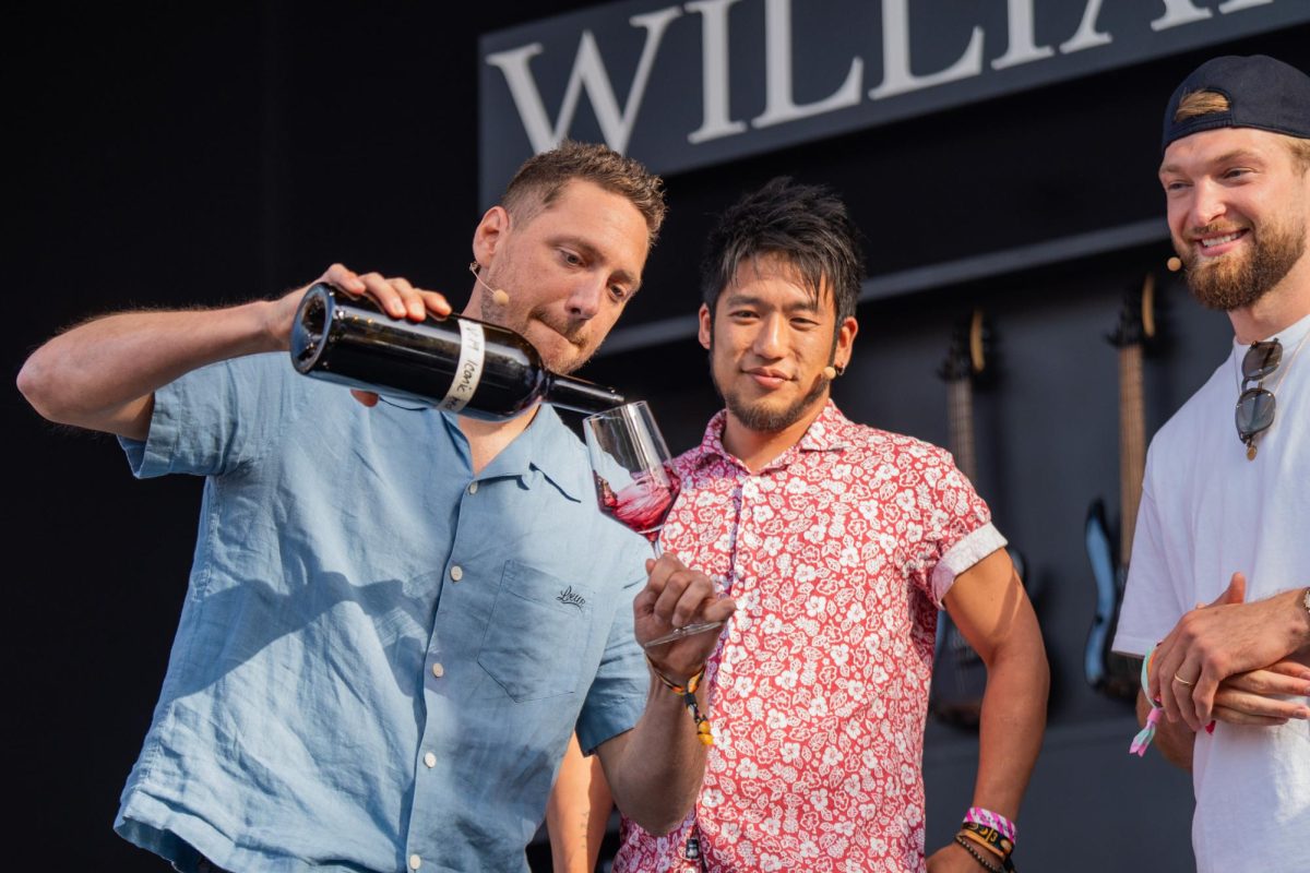 Former Giant and Two-time World Series Champion Hunter Pence, left, pours up some vino for Shota Nakajima, middle, and Domantas Sabonis, right, at the Williams-Sonoma Culinary Stage at BottleRock Napa Valley on Friday, May 24, 2024.
