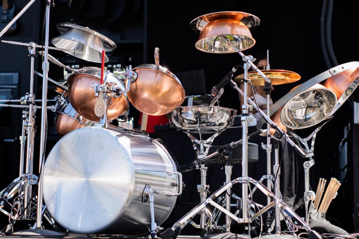 A drum kit composed entirely of pots and pans adorn the Williams-Sonoma Culinary Stage at BottleRock Napa Valley on Friday, May 24, 2024.