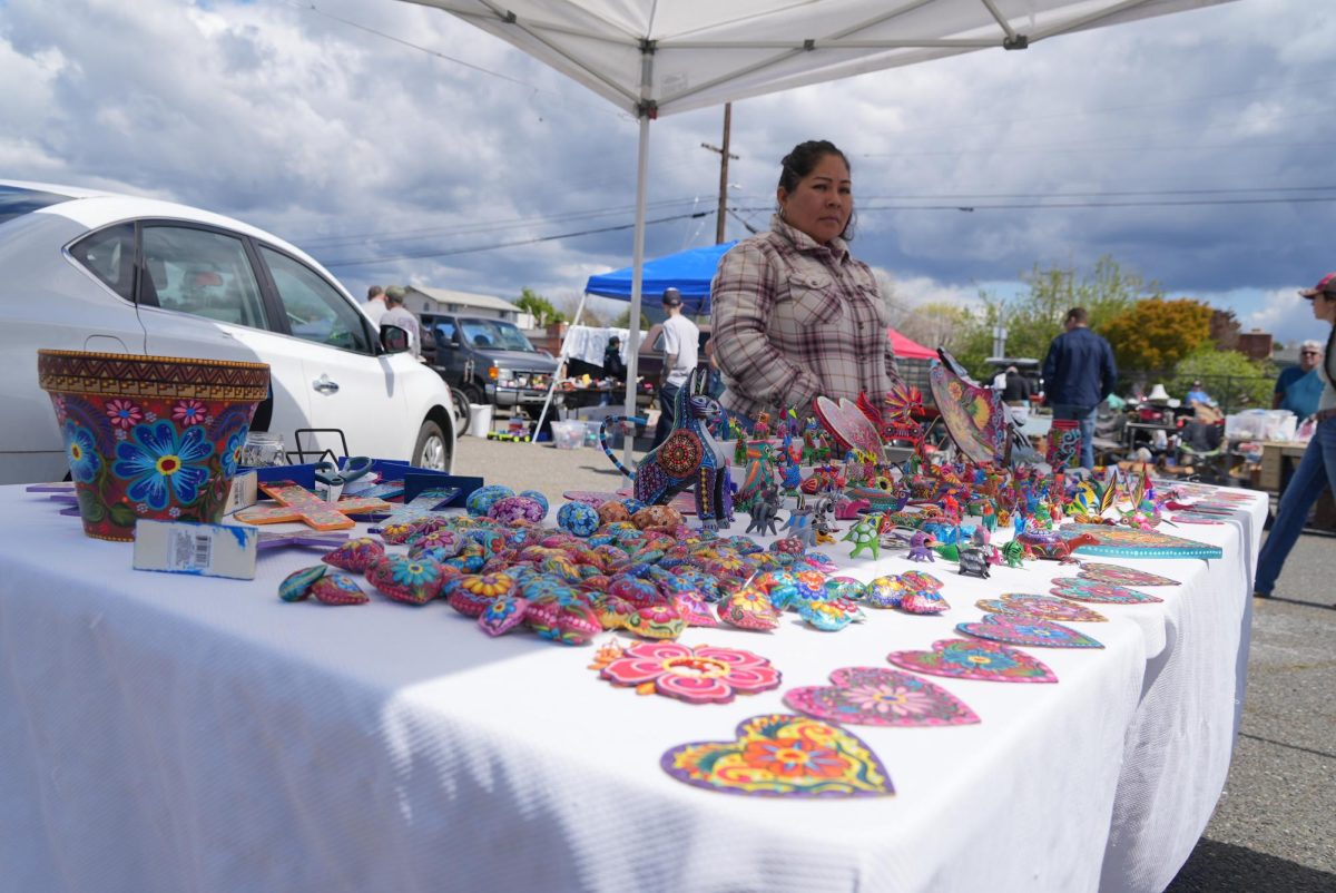 A colorful array of alebrijes, Mexican folk art scultpures, are on display at the veterans flea market on April 7, 2024.