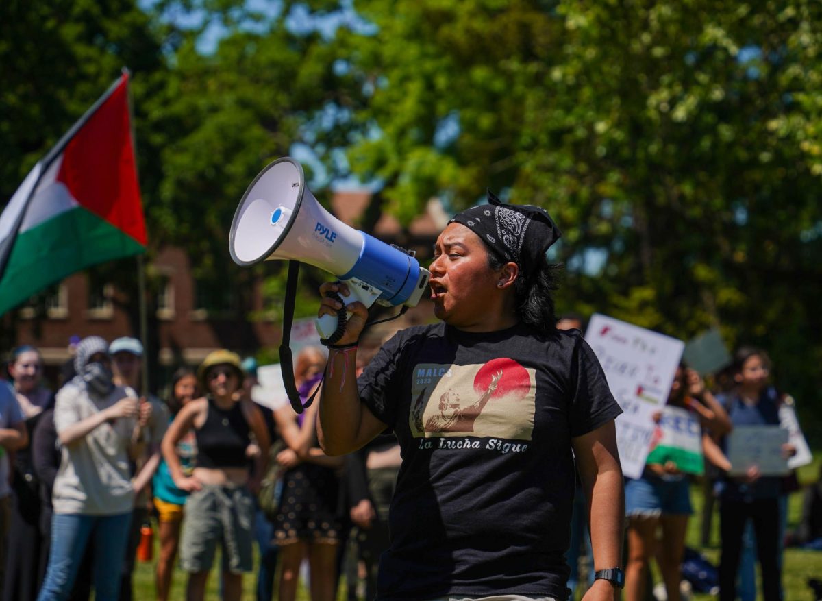 Student members of the Middle Eastern and North Africa Association (MENAA) call for a ceasefire in Gaza and share their outrage at the U.S. government providing weapons to Israel, at a protest on the Santa Rosa Junior College campus May 2, 2024.