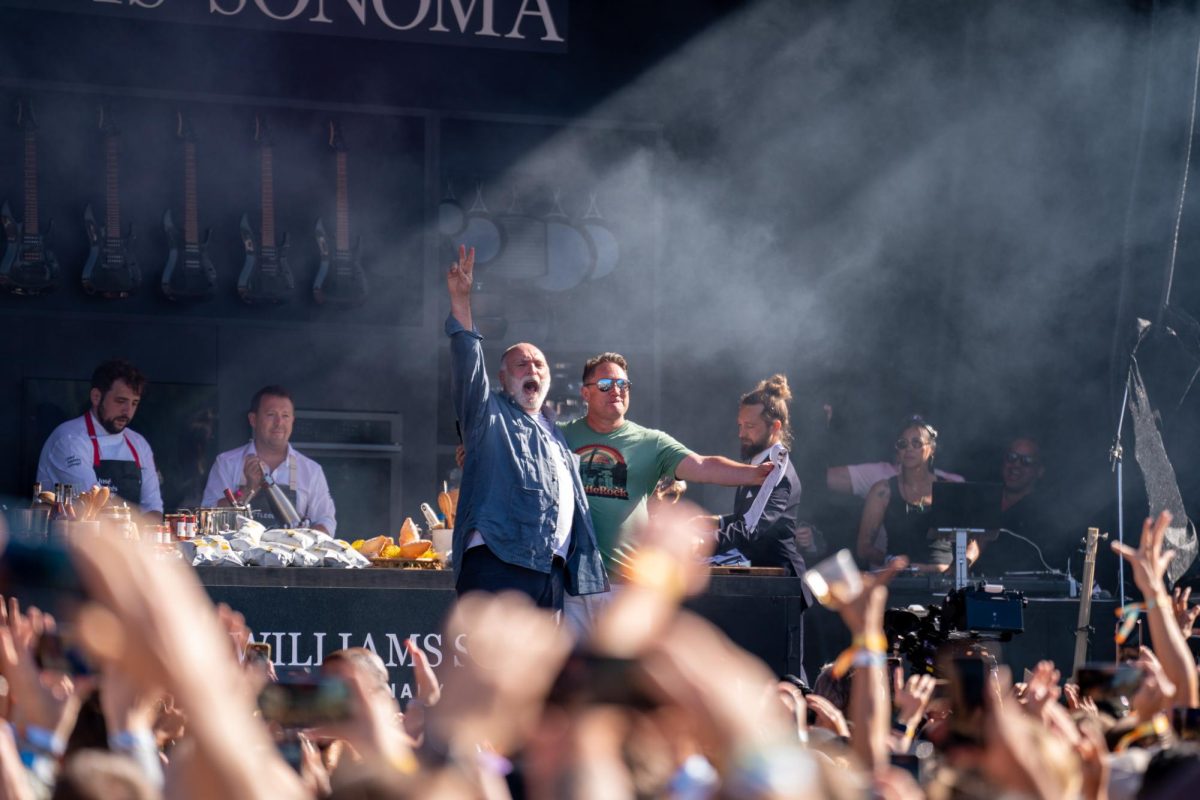 Chef José Andrés is greeted on the Williams-Sonoma Culinary Stage by KCBS Radios Foodie Chap Liam Mayclem at BottleRock Napa Valley on Saturday, May 25, 2024.