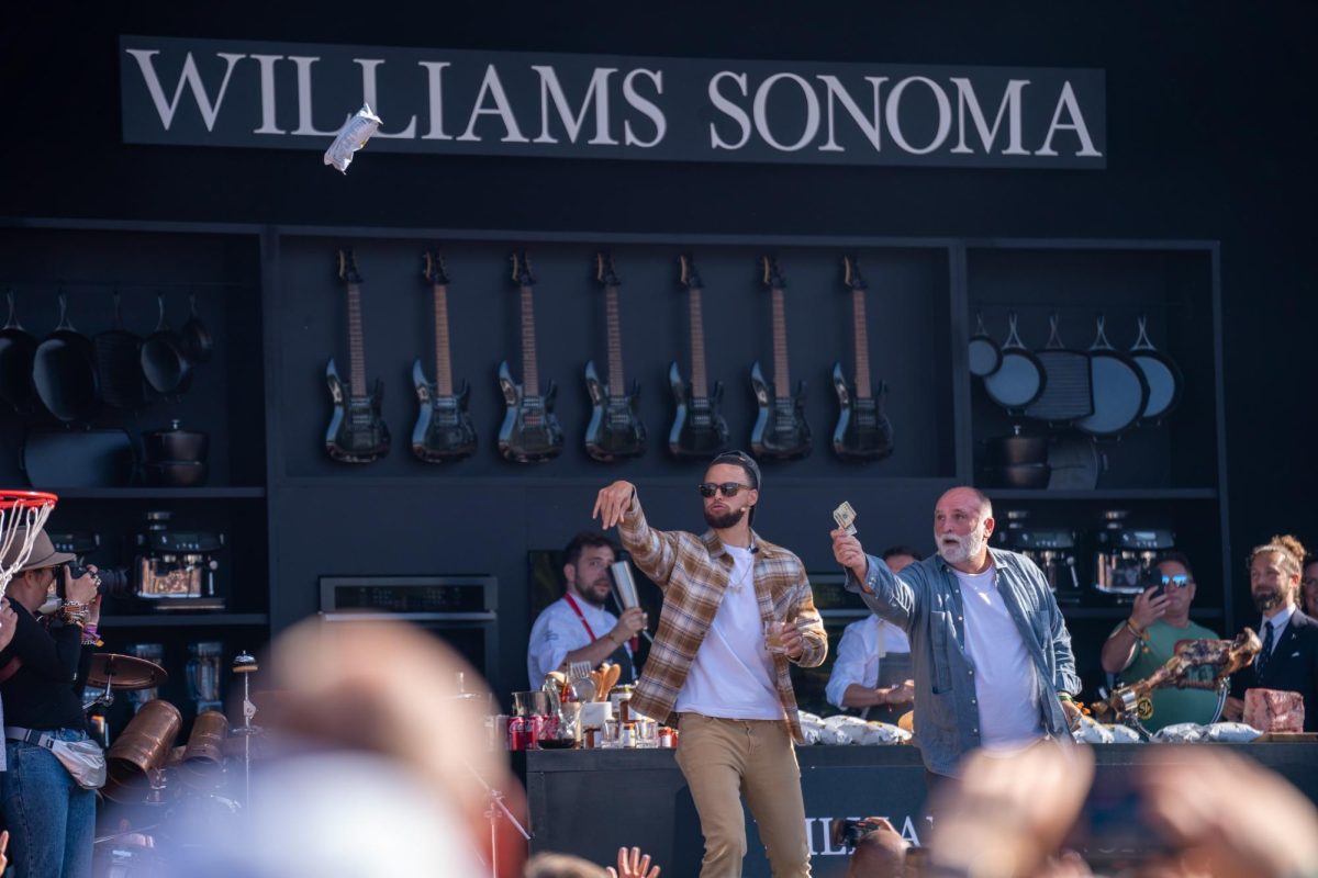Chef José Andrés bets $20 that Warriors Point Guard Stephen Curry cant make a bag of chips into the hoop at the Williams-Sonoma Culinary Stage at BottleRock Napa Valley on Saturday, May 25, 2024.