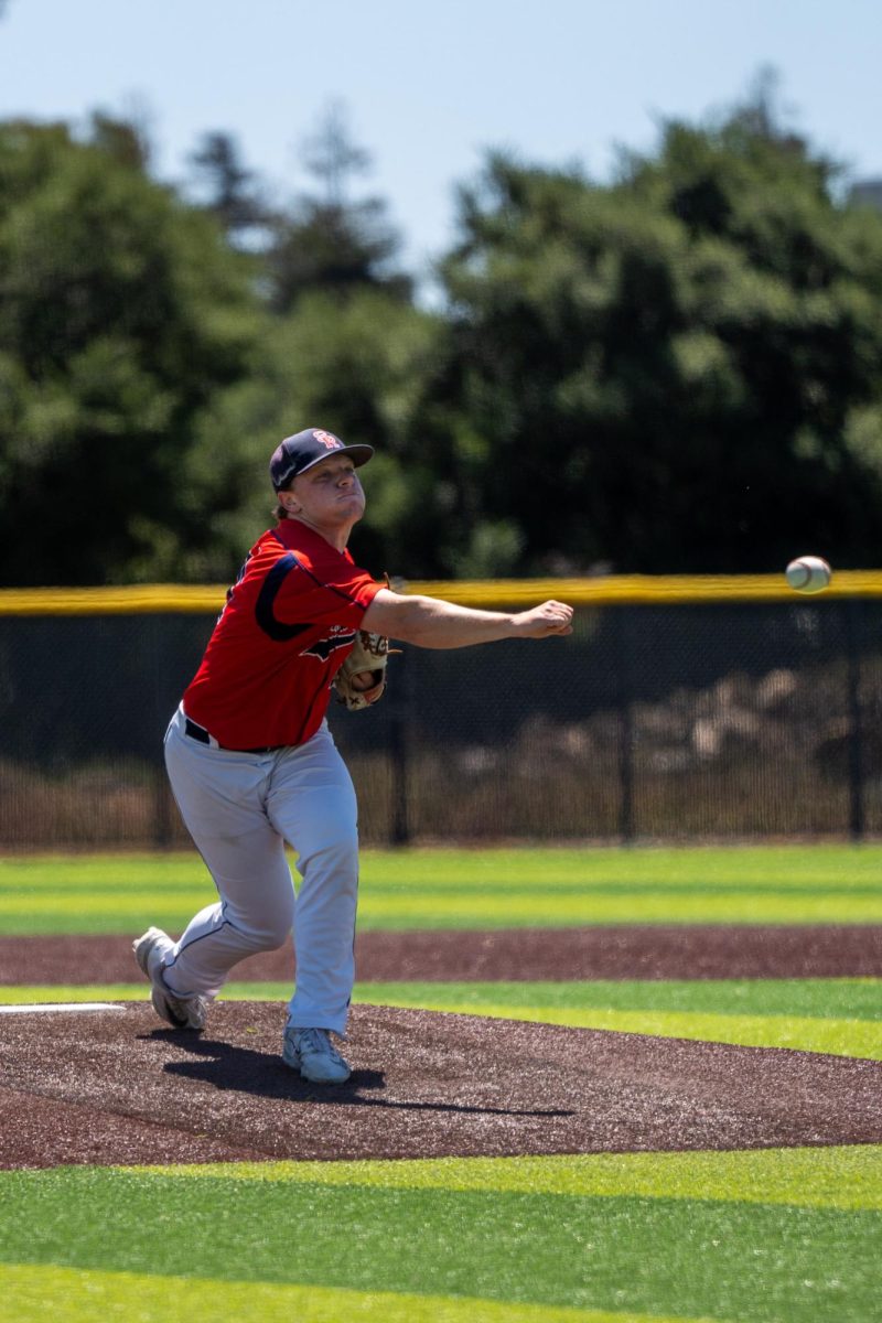 Christian Schiavo takes over in the top of the eighth for pitcher Freedheim against Cabrillo College in the first round of the CCCAA Super Regionals in Hayward on Thursday, May 9, 2024.