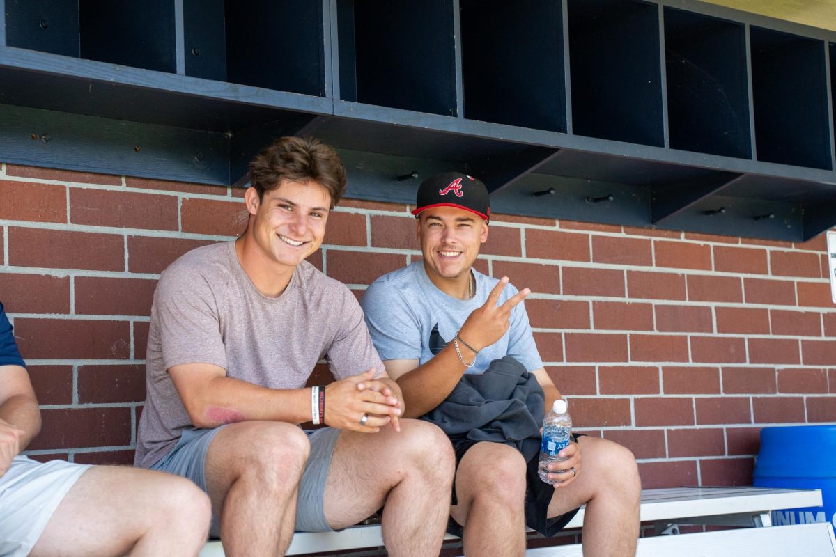 Alex Leopard and Jacob Greiner wait in the dugout as they wait for the final meeting of the season at Santa Rosas Cook Sypher Field on Tuesday, May 14, 2024.