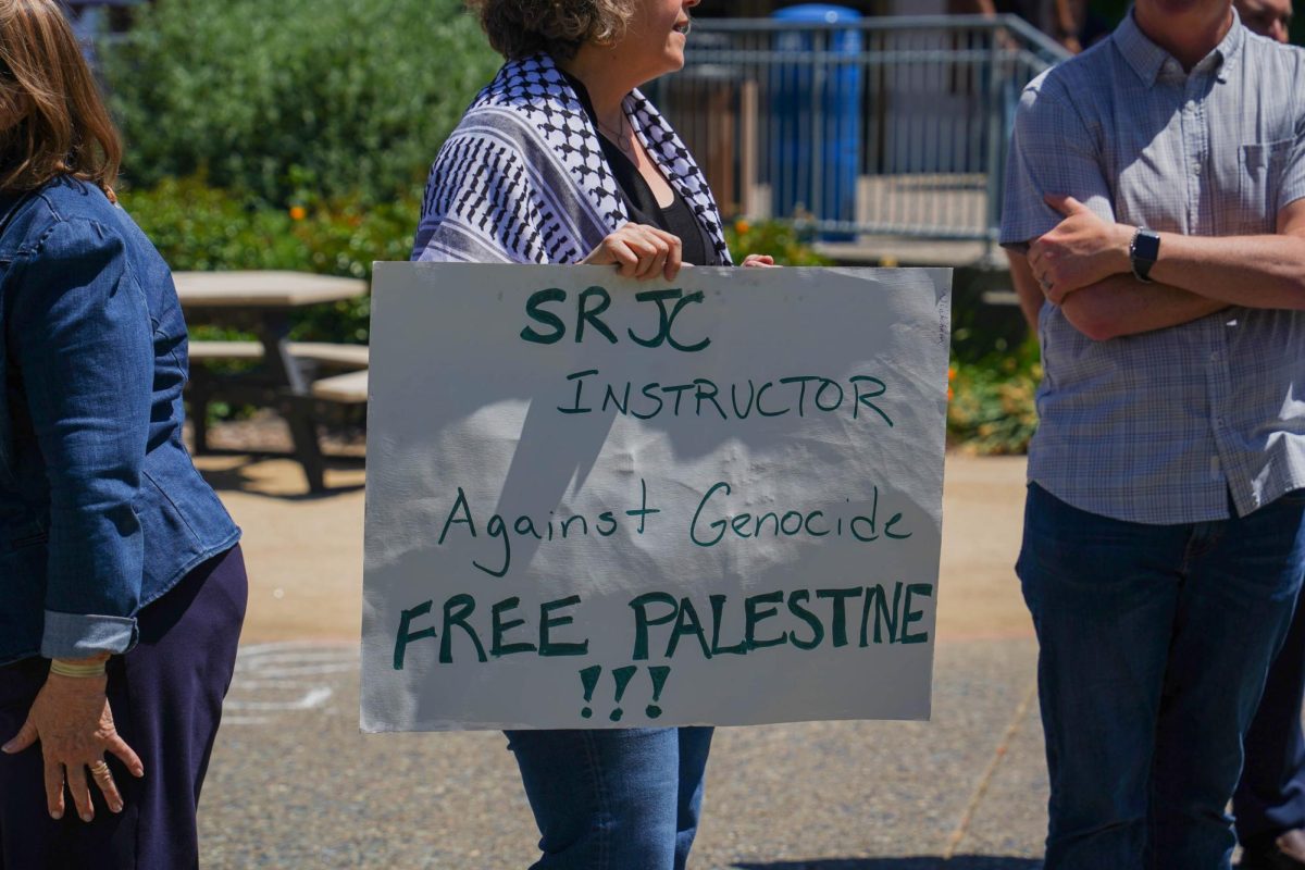 Over 100 Santa Rosa Junior College students, faculty and community members joined in the MENAA protest for a ceasefire in Gaza, with signs asking for the end of genocide, on the SRJC campus May 2, 2024. 