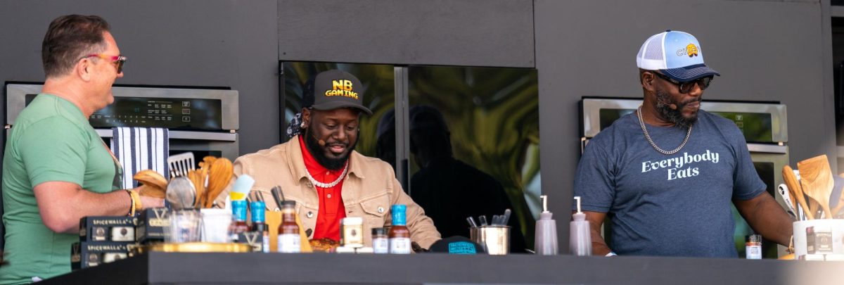 KCBS Radios Foodie Chap Liam Mayclem,left, hosts T-Pain, middle, and Rodney Scott, right, on the Williams-Sonoma Culinary Stage at BottleRock Napa Valley on Saturday, May 25, 2024.