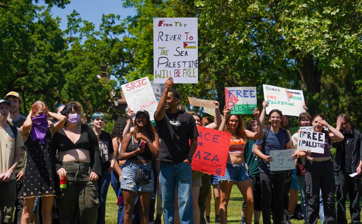 At the Santa Rosa College MENAA protest calling for a ceasefire in Gaza, SRJC students, faculty and community members marched from the Bertolini Quad to the front lawn by Mendocino Avenue May 2, 2024. 