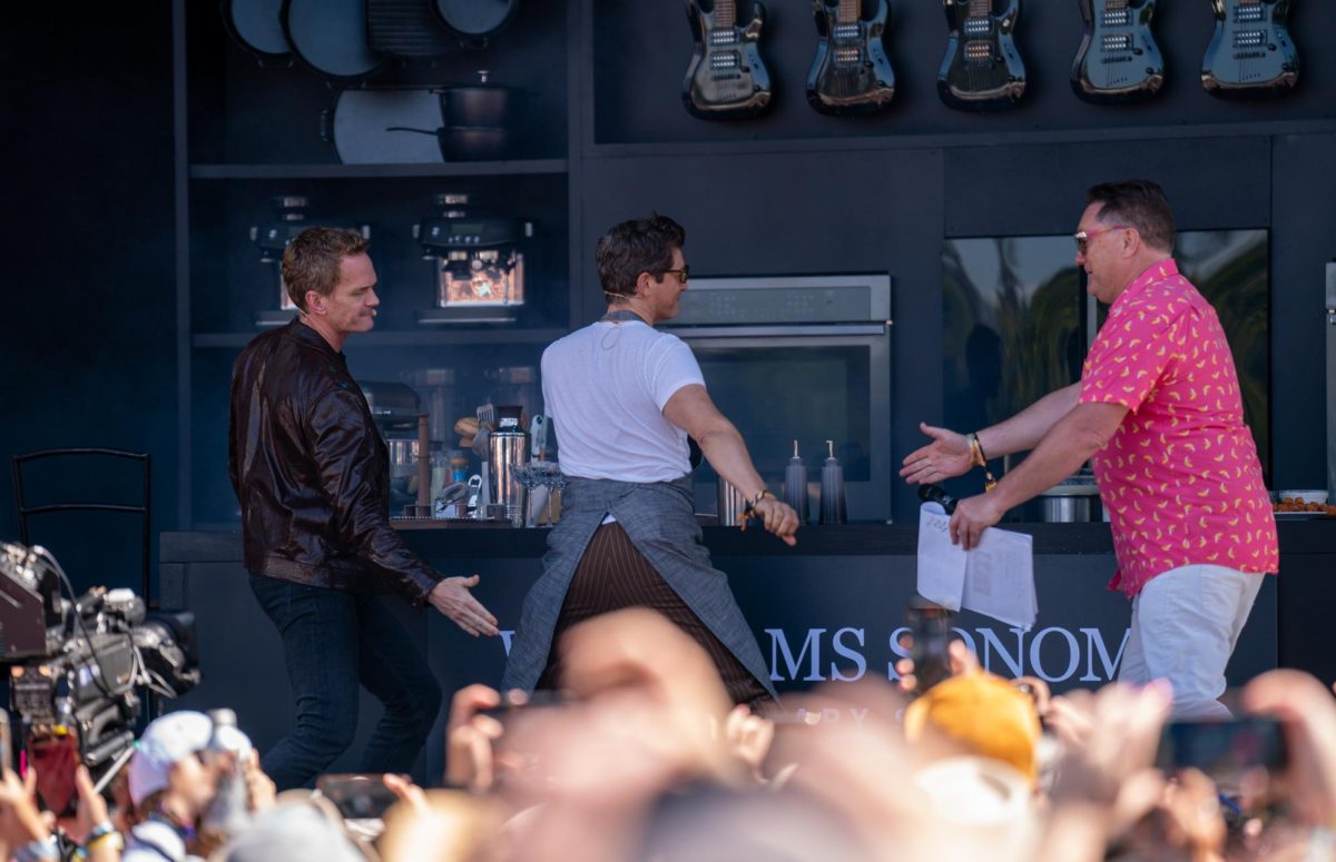 Neil Patrick Harris and Foodie Chap Liam Mayclem look on as David Burtka dances on the Williams-Sonoma Culinary Stage at BottleRock Napa Valley on Saturday, May 25, 2024.
