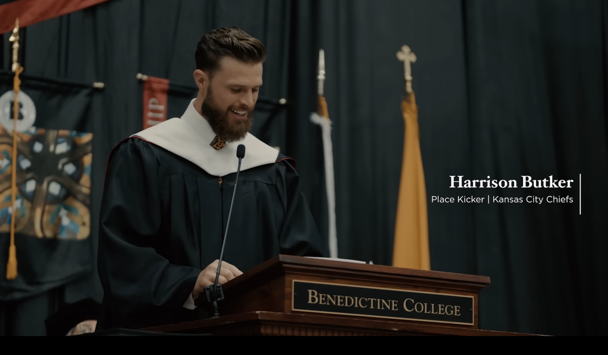 Kicker for the Kansas City Chiefs, Harrison Butker during his 20 minute commencement address May 11. Quarterback for the team, Patrick Mahomes, once said in an interview that he never talks to Butker.