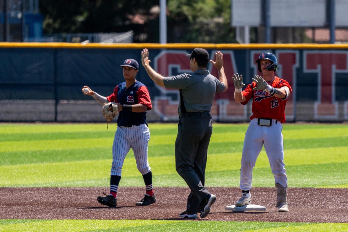 Right fielder Jake McCoy calls for a timeout after hitting a double to left field in the top of the fifth inning against College of San Mateo in game 2 of the CCCAA Regional Playoffs at home on Friday, May 3, 2024.
