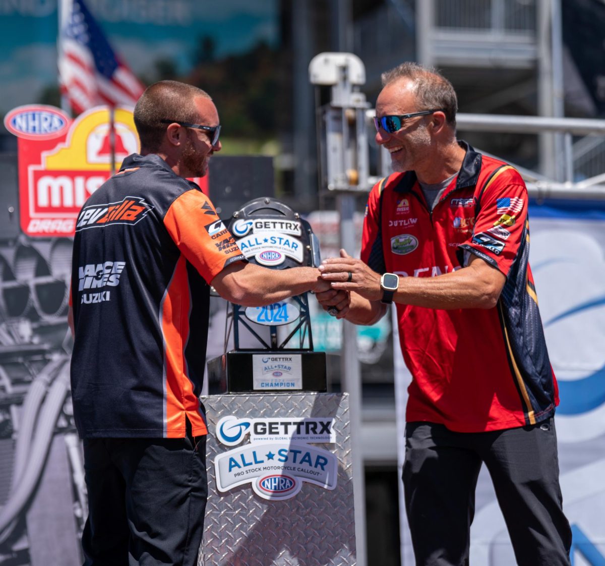 NHRA Pro Stock Motorcycle driver Gaige Herrera, left, calls out Matt Smith to race in the GETTRX NHRA All-Star Pro Stock Motorcycle Callout at Sonoma Raceway on July 26, 2024 in Sonoma.