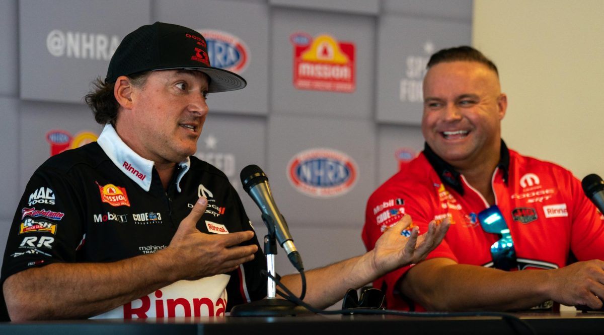 NHRA Top Fuel driver Tony Smoke Stewart and teammate Matt Hagan field questions from journalists in the John Cardinale Media Center at the DENSO NHRA Sonoma Nationals on Friday, July 26, 2024 in Sonoma.