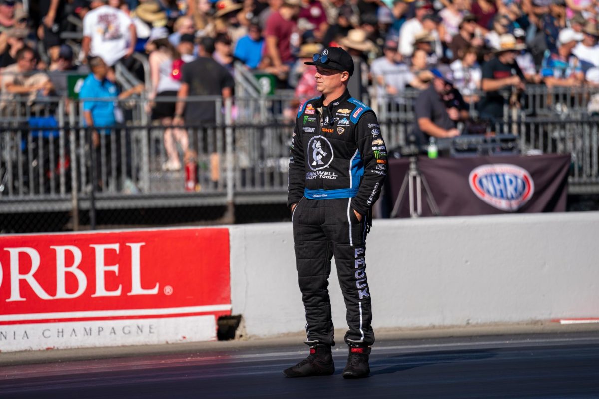 NHRA Funny Car driver Austin Prock observes the tracks tests before his run at the DENSO NHRA Sonoma Nationals on Friday, July 26, 2024 in Sonoma.
