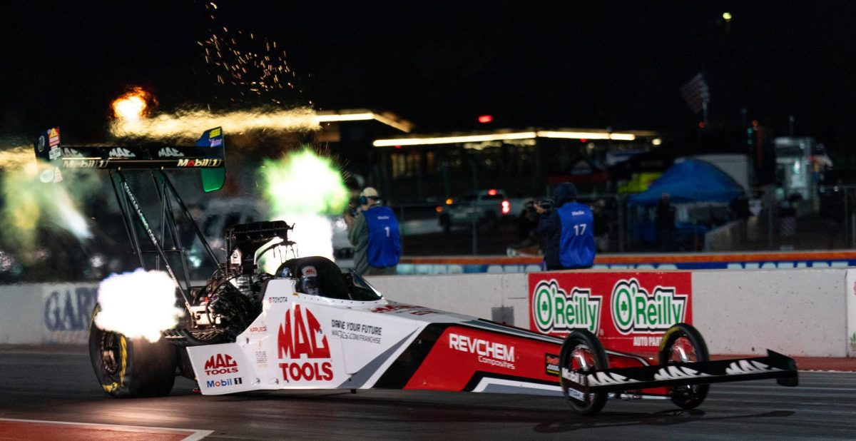 NHRA Top Fuel driver Doug Kalitta breaks the track ET record of 3.649 seconds at 336.40 mph at the DENSO NHRA Sonoma Nationals on Friday, July 26, 2024 in Sonoma.