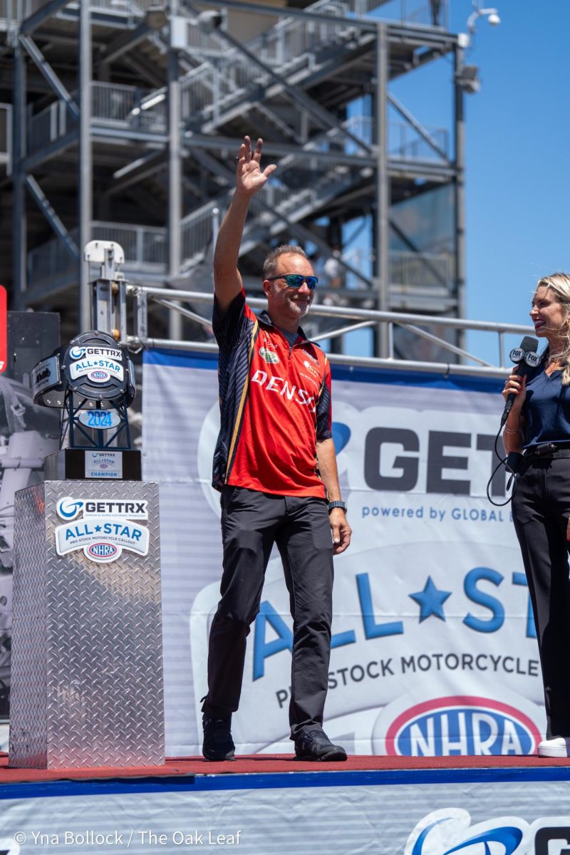 NHRA Pro Stock Motorcyle driver Matt Smith waves to the crowd on the GETTRX NHRA All-Star Pro Stock Motorcycle Callout stage at Sonoma Raceway on Friday, July 26, 2024 in Sonoma.