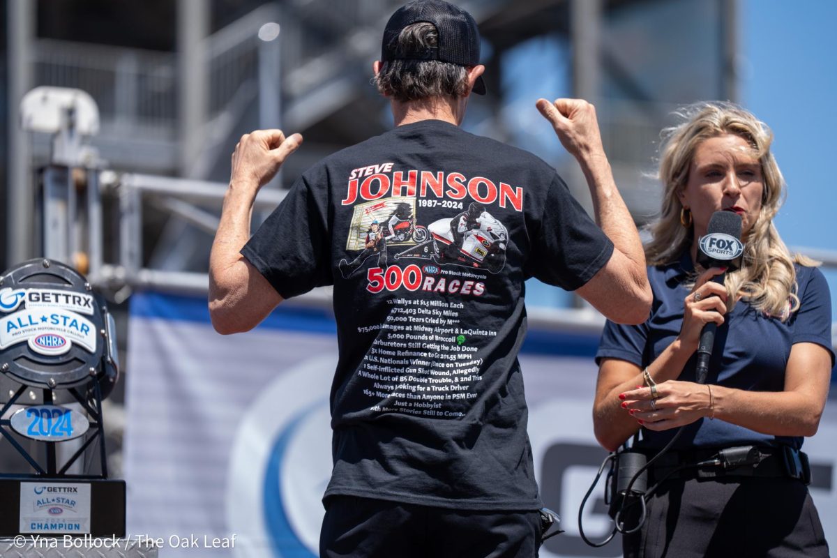 Steve Johnson shows off his resume on the back of his shirt on the GETTRX NHRA All-Star Pro Stock Motorcycle Callout stage at Sonoma Raceway on Friday, July 26, 2024 in Sonoma.