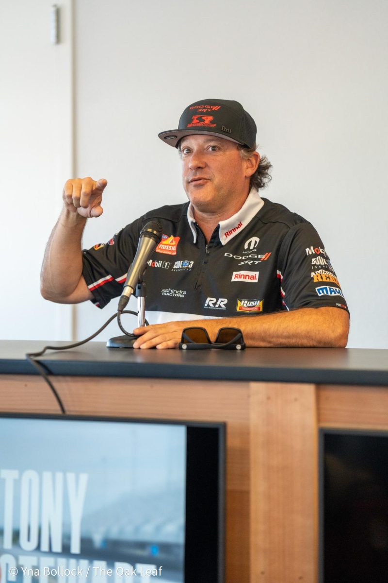 Top Fuel driver Tony Stewart answers a question during media interviews in the John Cardinale Media Center at the DENSO NHRA Sonoma Nationals on Friday, July 26, 2024 in Sonoma.