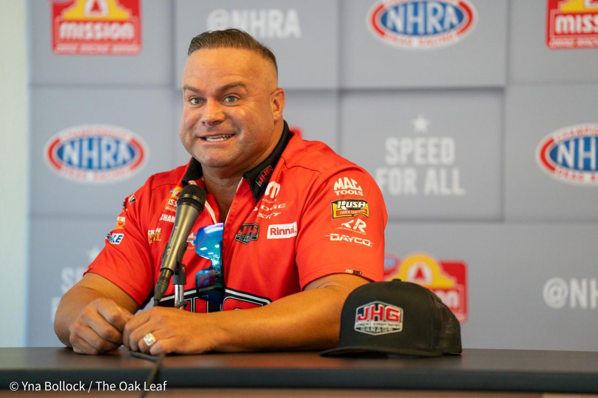 Funny Car driver Matt Hagan participates in media interviews in the John Cardinale Media Center at the DENSO NHRA Sonoma Nationals on Friday, July 26, 2024 in Sonoma.