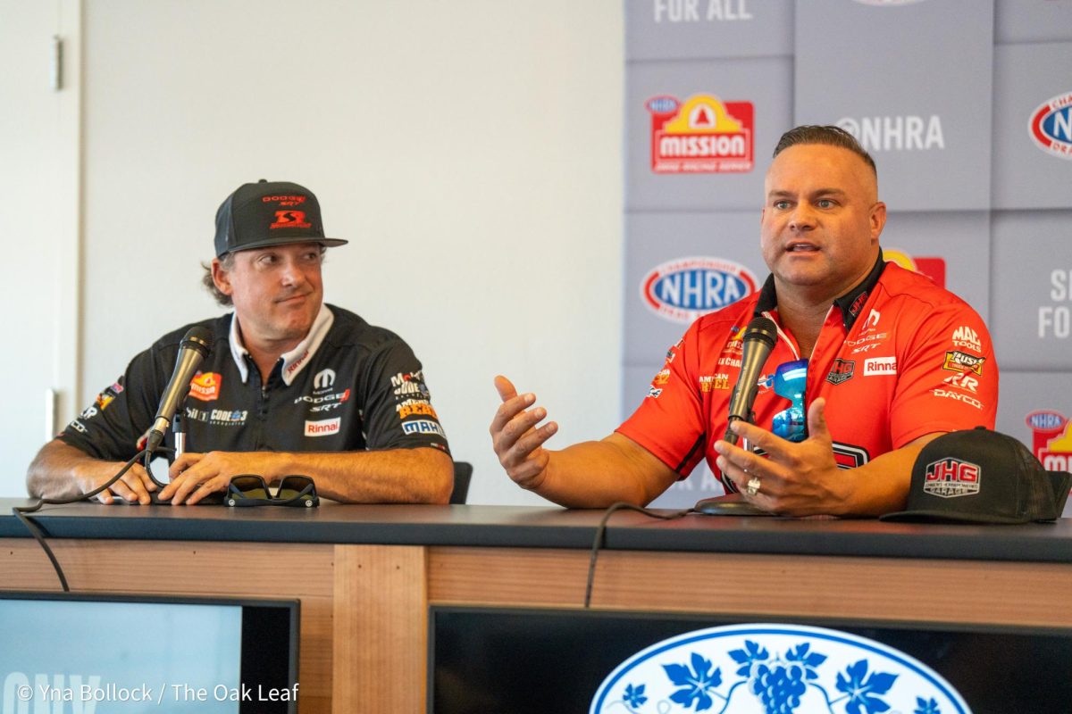 Top Fuel driver Tony Stewart and Funny Car driver Matt Hagan answer more questions during the first day of media interviews Top Fuel driver Tony Stewart answers a question during media interviews in the John Cardinale Media Center at the DENSO NHRA Sonoma Nationals on Friday, July 26, 2024 in Sonoma.