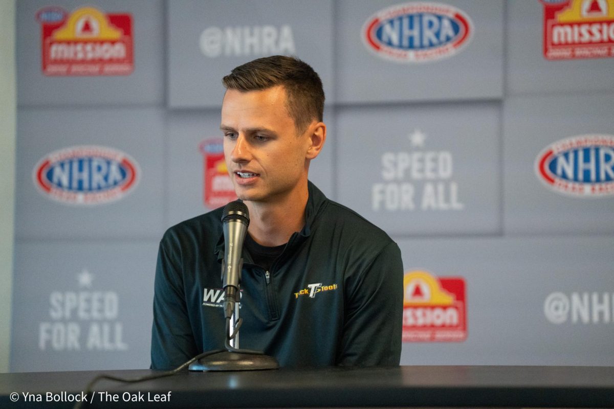 Pro Stock Motorcycle driver Chase Van Sant participates in interviews at the John Cardinale Media Center at the DENSO NHRA Sonoma Nationals on Friday, July 26, 2024 in Sonoma.