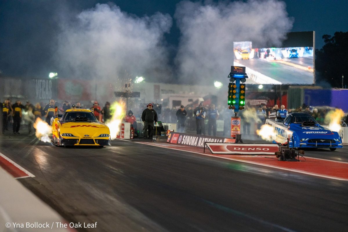 NHRA Funny Car Driver JR Todd, left, is defeated by Blake Alexander on a qualifying run at the DENSO NHRA Sonoma Nationals on Friday, July 26, 2024 in Sonoma.