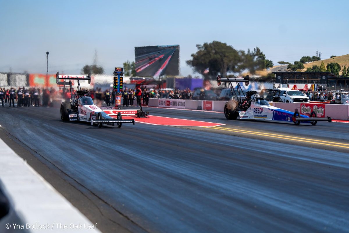 Top Fuel drivers Tony "Smoke" Stewart (left), and Shawn Reed (right) take their first run of the day at the DENSO NHRA Sonoma Nationals on Saturday, July 27, 2024 in Sonoma.