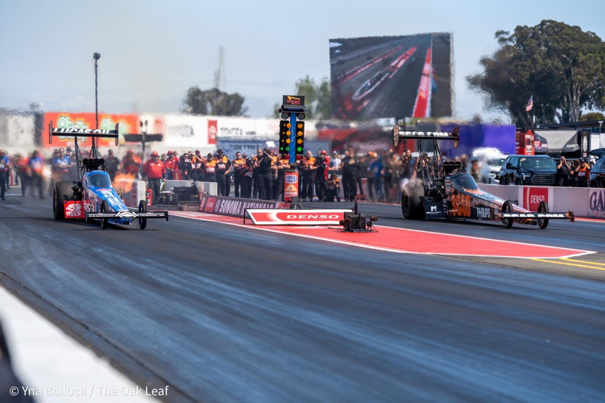 Top Fuel drivers Antron Brown (left), and Justin Ashley (right) take their first run of the day at the DENSO NHRA Sonoma Nationals on Saturday, July 27, 2024 in Sonoma.