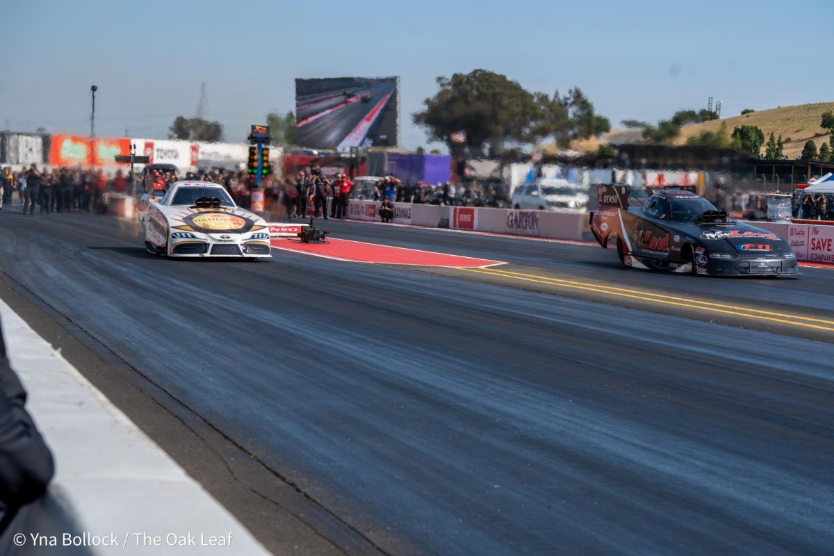 Funny Car drivers Alexis DeJoria (left) and Paul Lee (right) take off during Saturday's run at the DENSO NHRA Sonoma Nationals on Saturday, July 27, 2024 in Sonoma. 