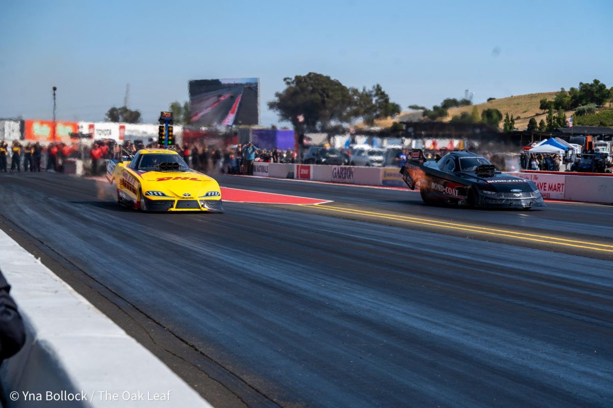 Funny Car drivers J.R. Todd (left) and Chad Green (right) take off during Saturday's run at the DENSO NHRA Sonoma Nationals on Saturday, July 27, 2024 in Sonoma. 