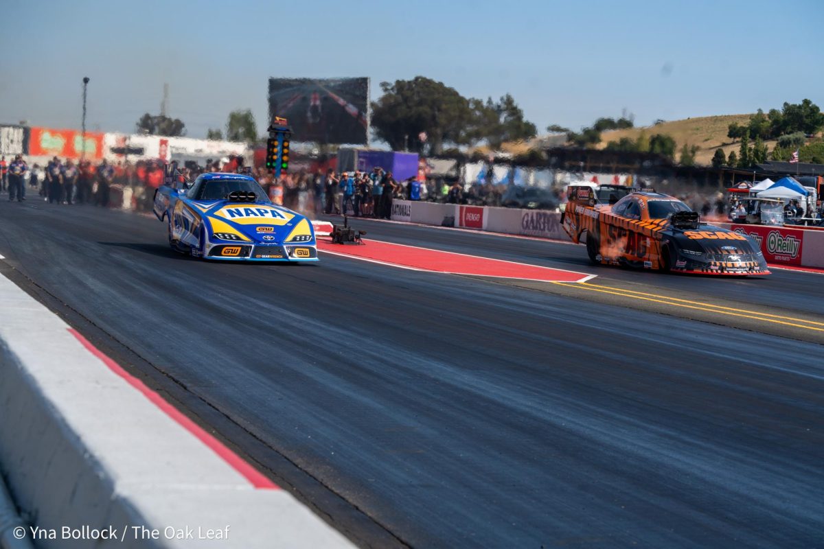 Funny Car drivers Ron Capps (left) and Daniel Wilkerson (right) compete against one another during Saturday's run at the DENSO NHRA Sonoma Nationals on Saturday, July 27, 2024 in Sonoma. 