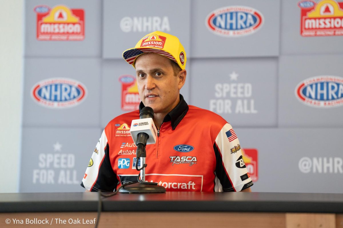 Funny Car driver Bob Tasca III participates in interviews post-race at the John Cardinale Media Center at the DENSO NHRA Sonoma Nationals on Saturday, July 27, 2024 in Sonoma. 