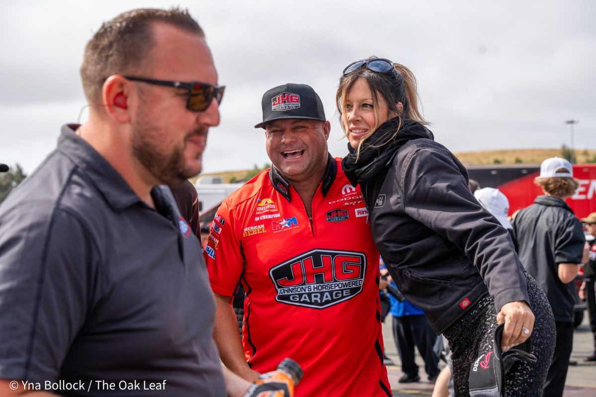 Matt Hagan is all smiles right before the driver introductions during the pre-race ceremonies at the DENSO NHRA Sonoma Nationals on Sunday, July 28, 2024 in Sonoma. 