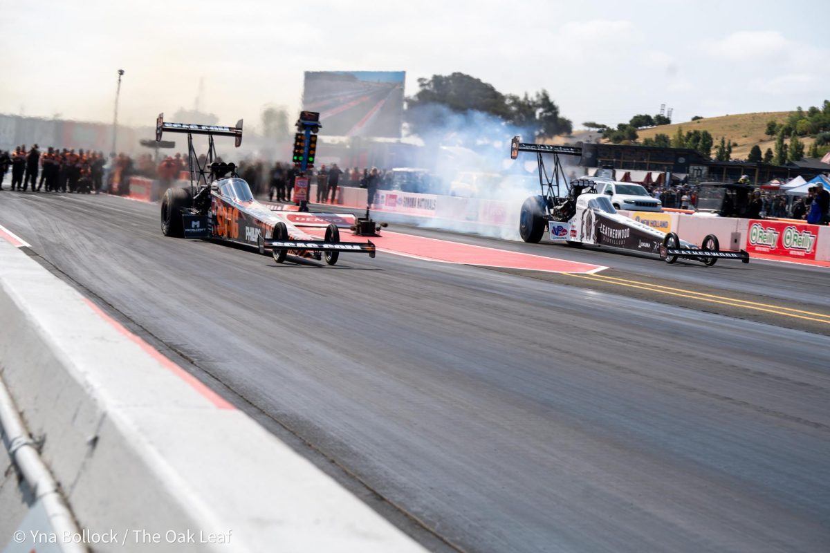 Top Fuel drivers (left to right) Justin Ashley and Tony Shumacher make the first run of the day for the first round of eliminations at the DENSO NHRA Sonoma Nationals on Sunday, July 28, 2024 in Sonoma. 