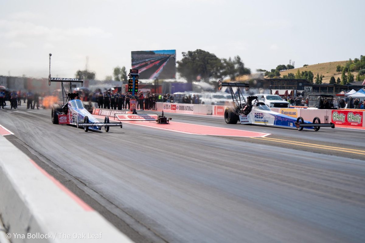 Top Fuel drivers Antron Brown (left) and Shawn Reed (right) compete in the first round of eliminations at the DENSO NHRA Sonoma Nationals on Sunday, July 28, 2024 in Sonoma. 