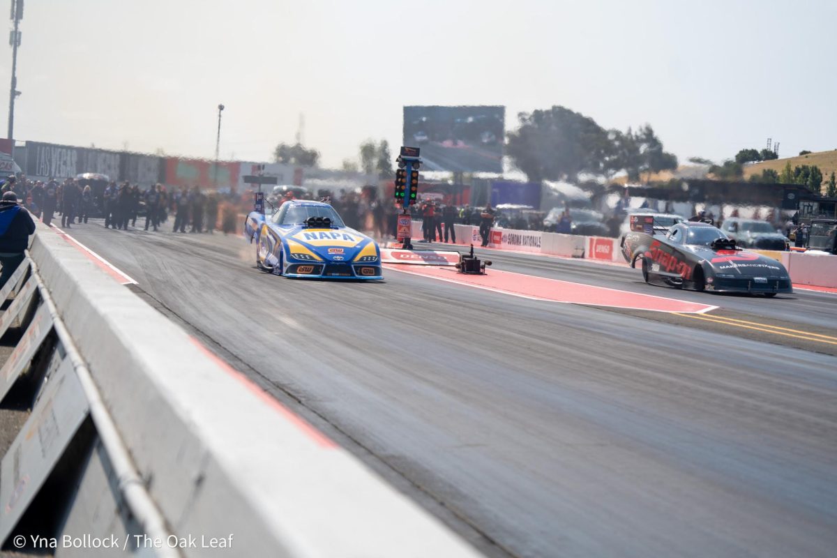 Funny Car drivers Ron Capps (left) and Cruz Pendregon (right) compete in the first round of eliminations at the DENSO NHRA Sonoma Nationals on Sunday, July 28, 2024 in Sonoma. 