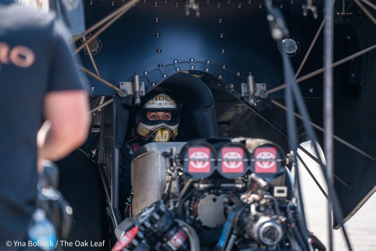 Funny Car driver Alexis DeJoria gets ready to face Paul Lee in the first round of eliminations at the DENSO NHRA Sonoma Nationals on Sunday, July 28, 2024 in Sonoma. 