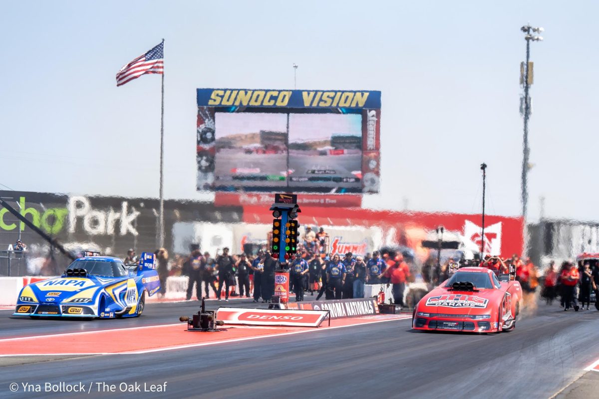 Funny Car drivers Ron Capps (left) and Matt Hagan (right) compete in the semi-finals at the DENSO NHRA Sonoma Nationals on Sunday, July 28, 2024 in Sonoma. 