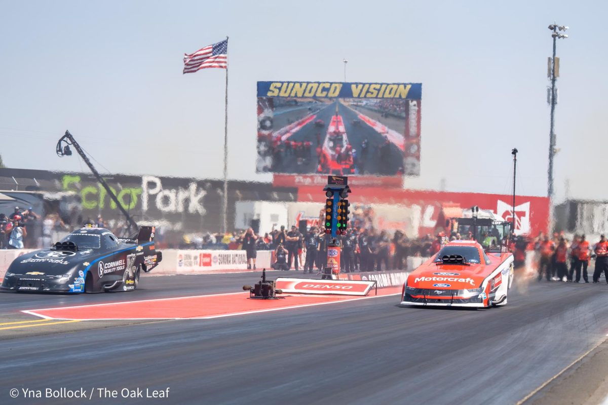 Funny Car drivers Austin Prock (left) and Bob Tasca III (right) compete in the semi-finals at the DENSO NHRA Sonoma Nationals on Sunday, July 28, 2024 in Sonoma. 