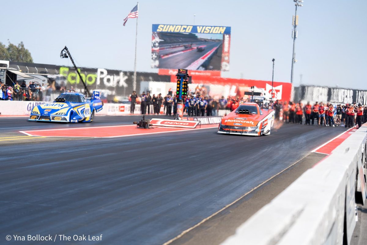 Funny Car drivers Ron Capps (left) and Bob Tasca III (right) compete for the championship at the DENSO NHRA Sonoma Nationals on Sunday, July 28, 2024 in Sonoma. 