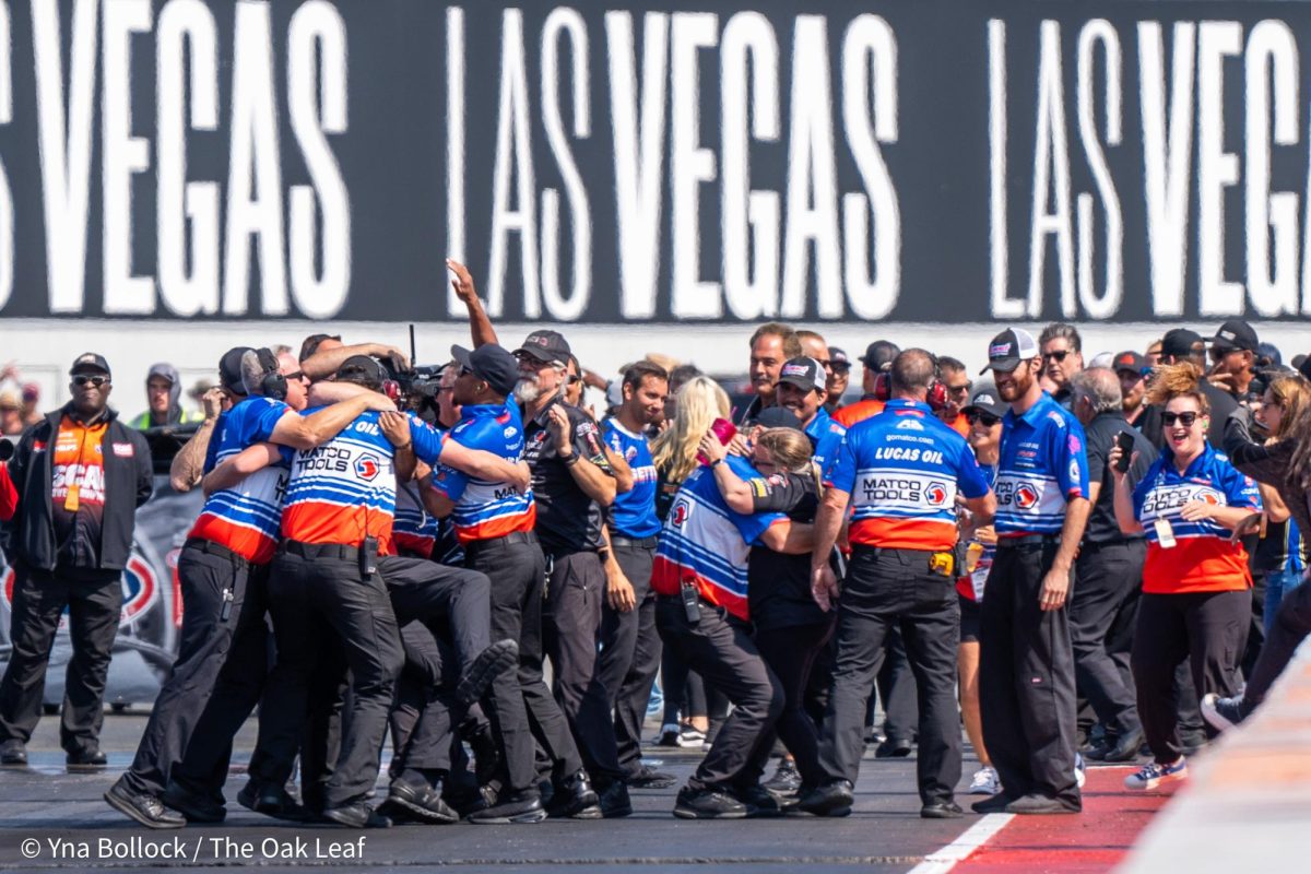 Top Fuel driver Antron Brown's team is elated after he secures the win against Tony Stewart with a run of 3.746 ET at 329.67 mph at the DENSO NHRA Sonoma Nationals on Sunday, July 28, 2024 in Sonoma. 