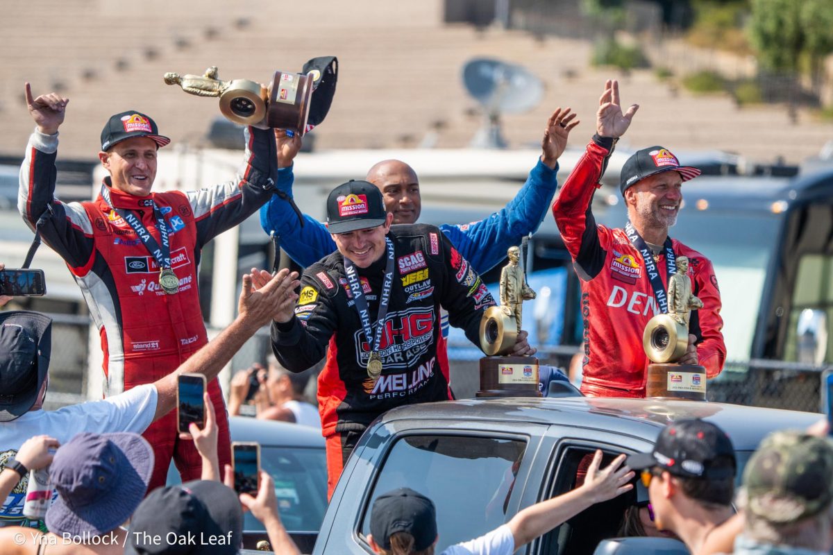 From left to right: Funny Car winner Bob Tasca III, Pro Stock winner Aaron Stanfield, Top Fuel winner Antron Brown, and Pro Stock Motorcyle winner Matt Smith head to the Winner's Circle at the DENSO NHRA Sonoma Nationals on Sunday, July 28, 2024 in Sonoma. 