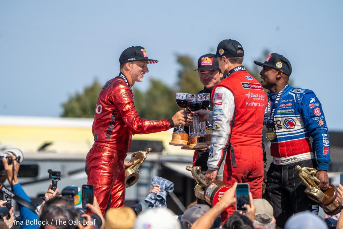 The 2024 DENSO NHRA Sonoma Nationals winners celebrate onstage at the winner's circle on Sunday, July 28, 2024 in Sonoma. 