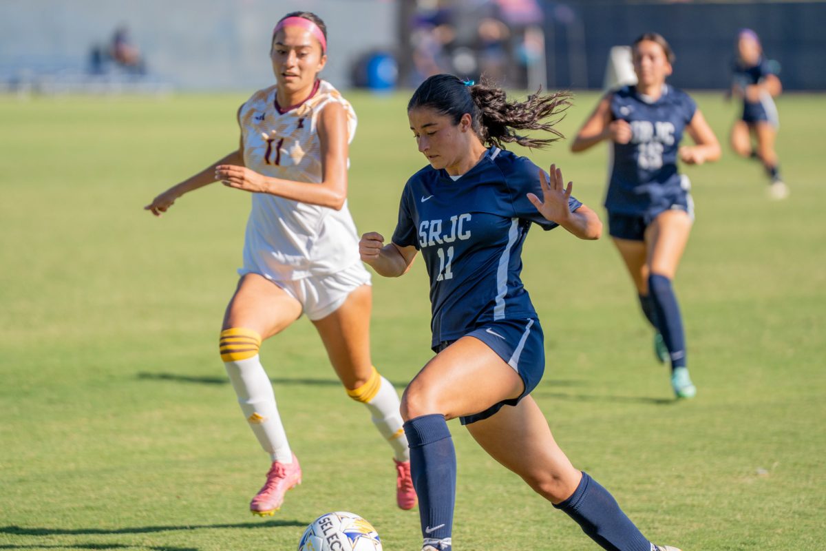 Santa Rosa’s midfielder Mia Carra carrying the ball down the left-hand side against Hartnell on Sept. 24, 2024. 