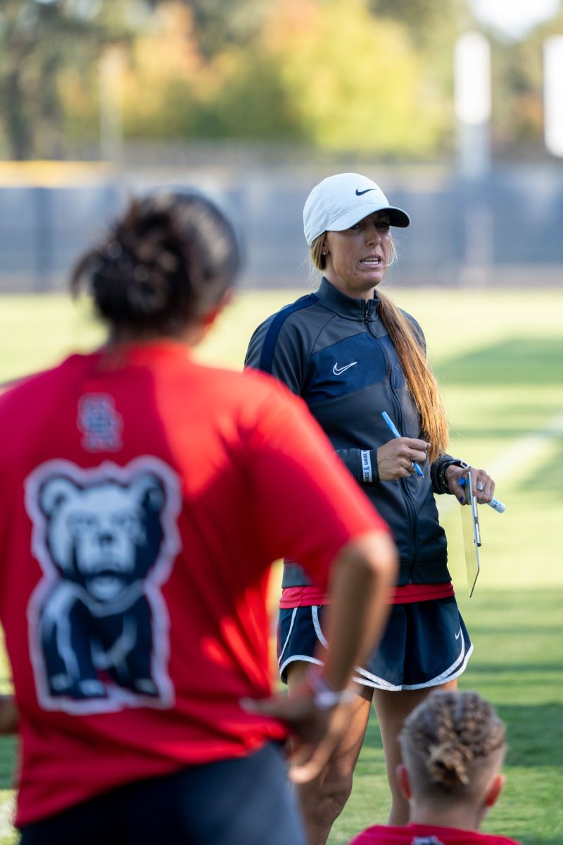 Santa Rosa’s head coach Crystal Chaidez speaking to her players after a highly contested first half against Hartnell on Sept. 24, 2024.  