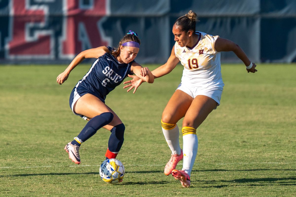 Bearcubs midfielder/forward Olivia Hohnstein working to create space against Hartnell’s Kiana Varela on Sept. 24, 2024