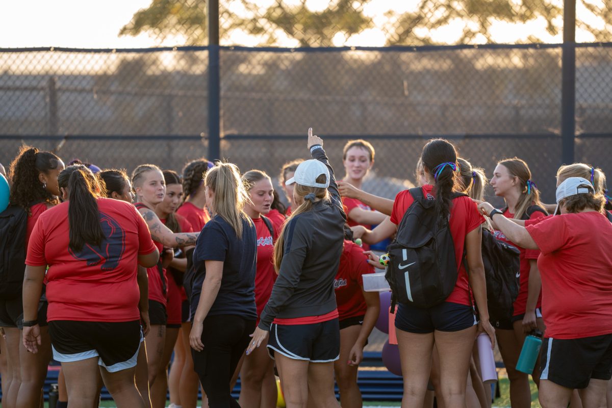 Santa Rosa’s head coach Crystal Chaidez rallying her team following a hard fought draw against Hartnell on Sept. 24, 2024. 