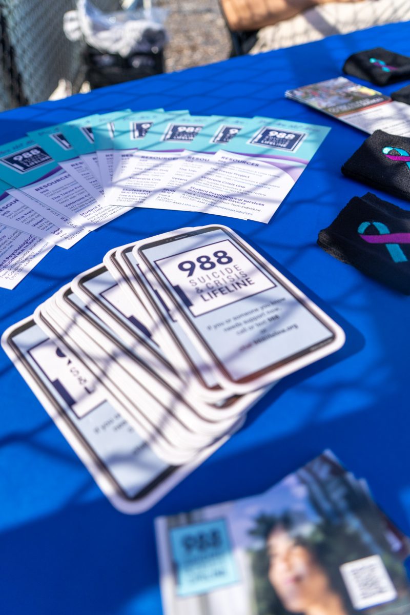 Collateral for suicide awareness from Student Health Services  is available for students near the entrance of the soccer field for the women's soccer game against Hartnell on Sept. 24, 2024 