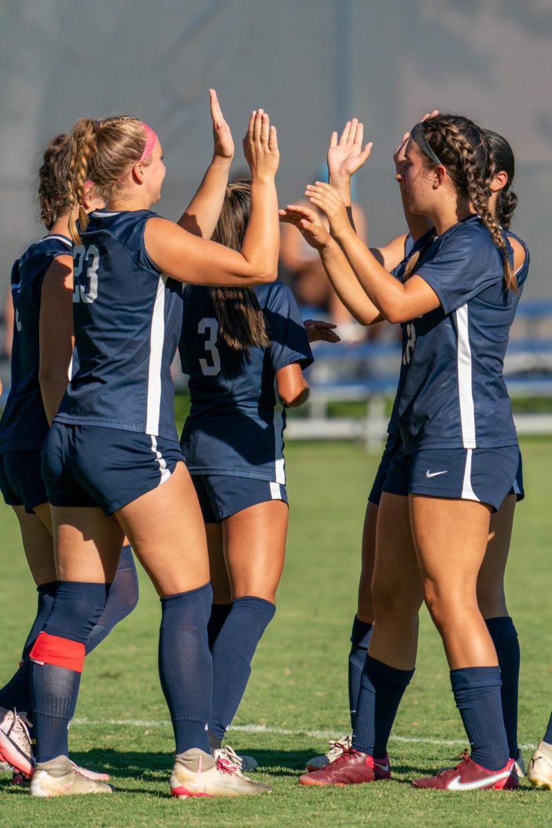 High fives all around as a penalty kick turns goal at home against Clovis Community College on Thursday, September 6, 2024.