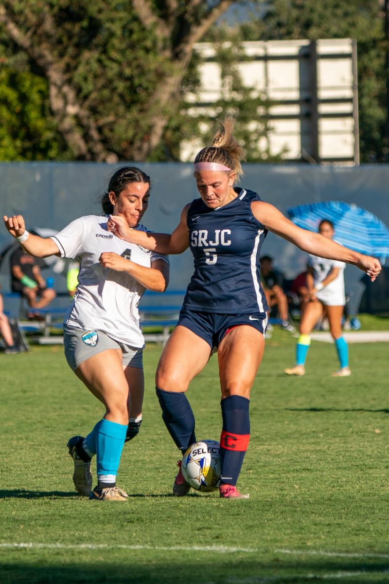 Genevieve Stewart is in control of the ball and takes possession from Clovis' Jasmin Jauregui at home against Clovis Community College on Thursday, September 6, 2024.